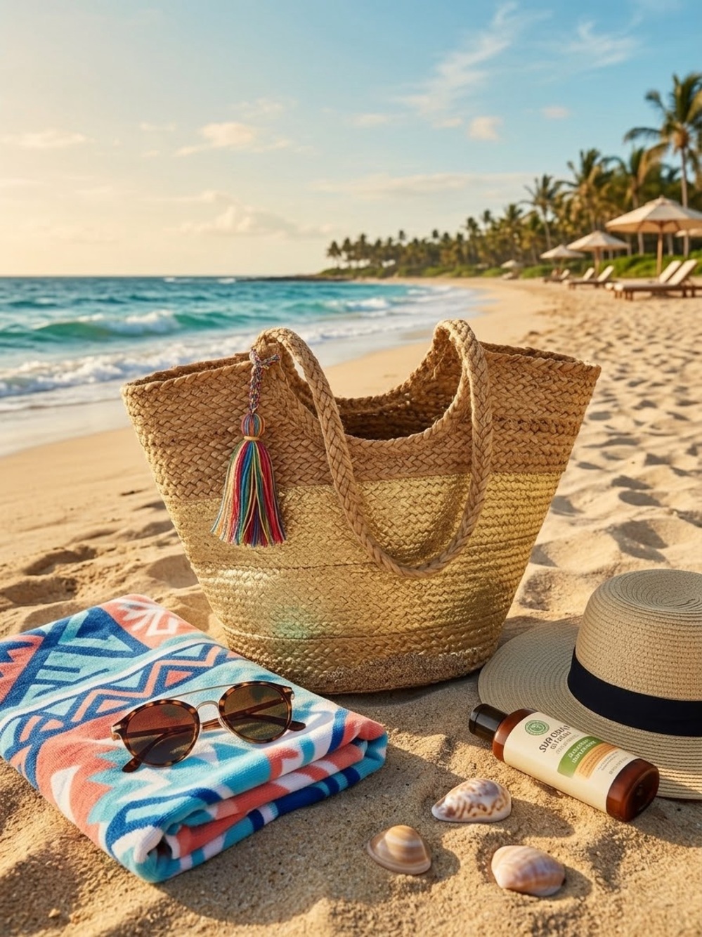 Woven Beach Tote with Multicolor Tassel, 100 percent jute